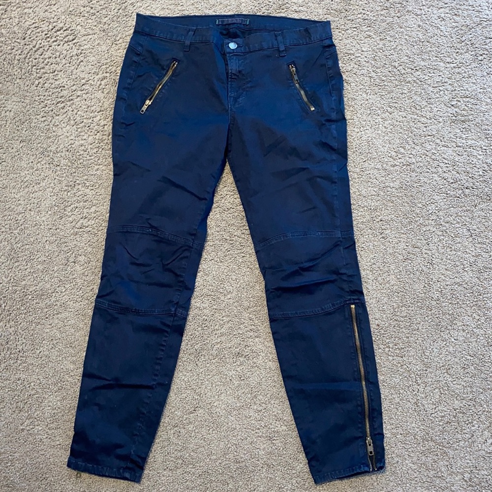 J Brand navy stretch ankle pant with gold zippers